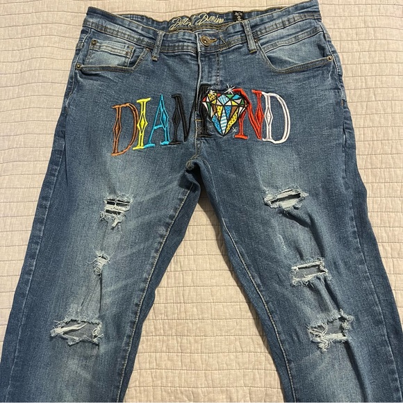 DSTRKT DENIM DISTRESSED JEANS "DIAMOND" EMBROIDERED SIZE 36 VINTAGE BLUE - Picture 7 of 15